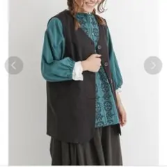 サマンサモスモス　コットンリネンロングベスト　ブラック