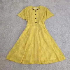 Vintage 70s ストライプ ロングワンピース 黄色 M フレア レトロ