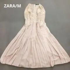 ザラ　ZARA　レース切り替え プリーツワンピース ドレス ピンクベージュ　Mのサムネイル