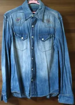 【ザラ】メンズ長袖シャツ　ダメージ加工ライトブルーデニム　ZARA MAN　М