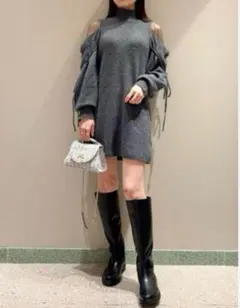 snidel スナイデル　シースルーショルダーニットワンピース　グレー