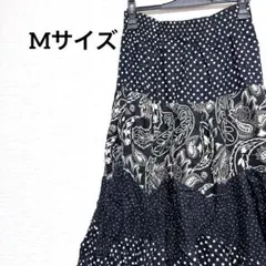 【M】 ドット柄 ペイズリー フレア ロング スカート レトロ ブラック 古着