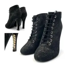 《超美品》CHANEL シャネル ブーティ ココマーク パール レースアップ 黒のサムネイル