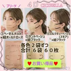 CICIBELLA 4D シシベラ プリーツ 小顔マスク ６袋６０枚 ３色(C)