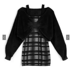 リボンシャギートップス×チェック柄キャミソールミニワンピースニットセットアップ