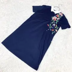 ZARA TRAFALUC 半袖ワンピース　花柄刺繍　ネイビー　紺