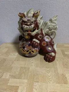 ♡九谷焼 大吉 糠川清章 玉乗り獅子 獅子像 赤獅子 縁起物 色絵 置物 魔除け ♡九谷焼 大吉 糠川清章 玉乗り獅子 獅子像 赤獅子 縁起物 色絵 置物