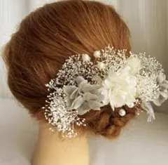 ウェディング ヘッドドレス ホワイト グレー　かすみ草　紫陽花