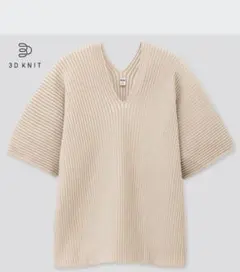 UNIQLO 【3DコットンプリーツVネックセーター（5分袖）S ベージュ】