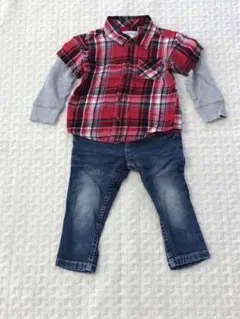 チェック柄シャツとデニムパンツセット 80