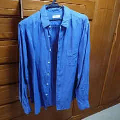 麻100% 青 長袖シャツ