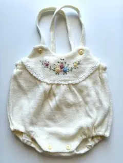ベビー用 ニットロンパース 花柄刺繍 オフホワイト 0歳〜1歳