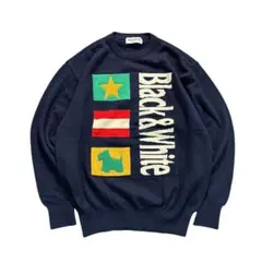 7AS3【Black&White】日本製　ウールニット　セーター　ネイビー　L