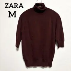 ZARA ザラ 5分袖ハイネック ニット セーター M バーガンディ美シルエット