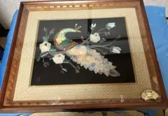 貴石画 額縁入り　花鳥図　 貴石アート    天然石　鉱石　珊瑚　オパール　瑪瑙　翡翠 ストーンアート 手工芸 美術品 石細工 貴石画 天然石 花 絵画 額縁 石