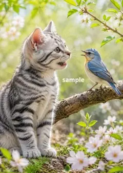 猫と青い鳥 デジタルアート A4