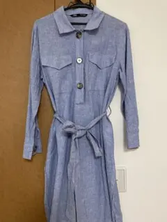 【値下げ】Zara 青のシャツワンピース 長袖 ベルト付き
