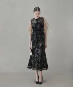 【LEJA】スパンコールフラワーリボンチュールワンピースドレス