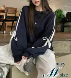 DAZY レディースオーバーサイズ リボンスウェット M ネイビー 長袖