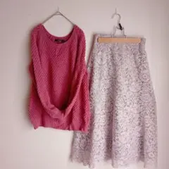 レディースコーデ　①ピンクニット②レーススカート　セット