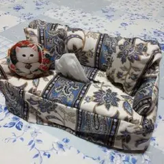 猫クッション付きソファー型ボックスティッシュカバー青系のペーズリー柄ハンドメイド
