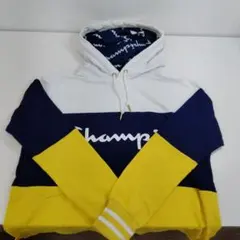 【池83】Champion フード付きパーカー ネイビー/イエロー
