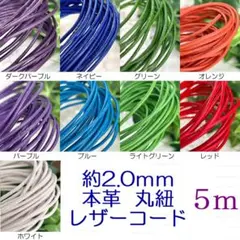 カラーレザーコード　丸紐　約2.0ｍｍ　5ｍ売り　レザークラフト本革（牛革） 白