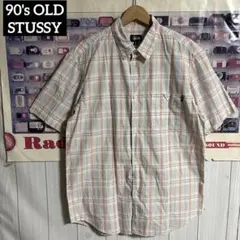 90s紺タグUSA製OLD STUSSYマルチチェック柄半袖シャツLオールド