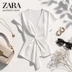 美品 ザラ ZARA ブラウス 白 XS 半袖 Vネック カシュクール 変形