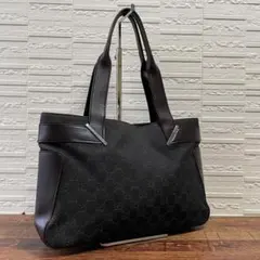 グッチ GGキャンバス × レザー トート ハンド バッグ ブラック ブラウン.