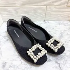 【DIANA】美品 フラット パンプス ニット素材 パール 上品 黒 23.5のサムネイル