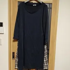 大きいサイズネイビー Vネック サイドチェック柄長袖カットソーロングワンピース