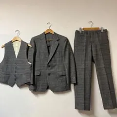 80s スリーピース ウールチェックスーツ M程 グレー ヴィンテージ 高島屋