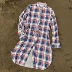 coen ガーゼチェック長袖シャツワンピース ウエストリボン コーエン