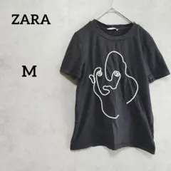 ZARA ラインアート　ロープアート　プリント Tシャツ　ブラック　M