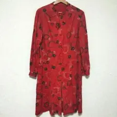 長袖ワンピース リーフ柄 赤 総柄 レトロ