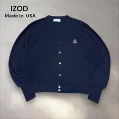 USA製　IZOD　アクリル　カーディガンVネックネイビー濃紺刺繍ロゴビンテージ