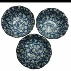 青白花柄デザイン皿3個セット