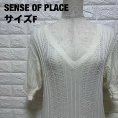 SENSE OF PLACE ホワイト Vネックニット F ５分袖【980】