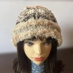 ファー付きハット　ビーニー ニット帽　クラッシャーハット　キャップ　棒針編み