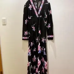 希少 70s-80s ヴィンテージ 総柄 ロングワンピース Vネック 華やか