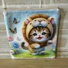 フラットポーチ ミニポーチ ハワイアンにゃんこ② 両面パネル生地
