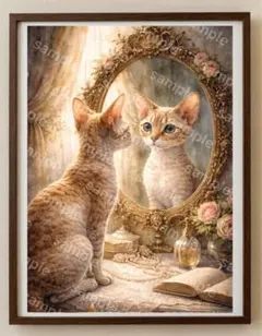 【水彩画アート】鏡台の前で佇む猫 2L版写真用紙