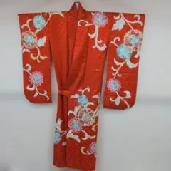 #KH09.正絹振袖真紅映える群鶴の織柄生地に和装花柄金駒刺繍約162cm