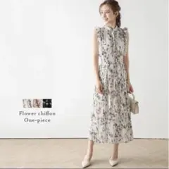 フラワーシフォン ノースリーブワンピース　ワンピース シフォン シアー