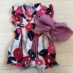【美品】ベビー浴衣 花柄甚平 赤白ストライプ リボン付き 80cm お洒落