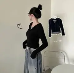 レイヤードボタンストライプラウンドネック 長袖Tシャツ