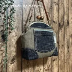 ＊がま口ミニバッグ＊デニムポケットが可愛いカーキデニムのがま口　白タグ　青耳