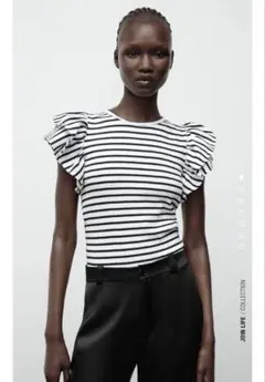 ZARA フリル付きTシャツ L ストライプのサムネイル