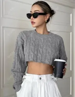 DAZY ドロップショルダー クロップセーター ケーブル編み